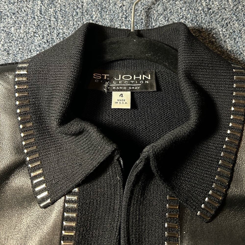 St. John Collection Black Leather Panel Zip Up Sweater - Picture 4 of 7